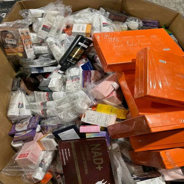 bulk HBA liquidation pallets with cosmetics and skincare